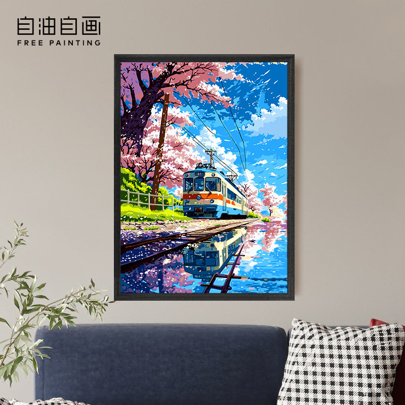 自油自画diy数字油画成人手绘手工填色填充油彩画宫崎骏樱落晴川