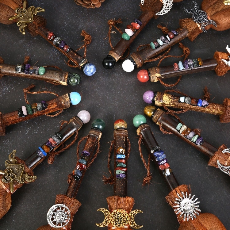 天然水晶球原石wish女巫棕榈扫把跨境热销车载挂件24cm长扫帚挂饰