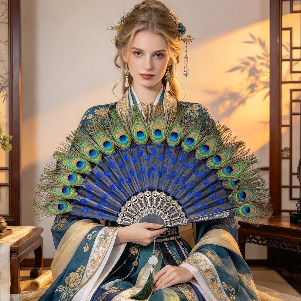 跨境folding fan孔雀羽毛蕾丝折扇cos刺绣扇扇子旗袍走秀古风汉服