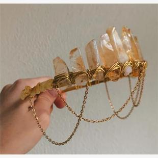 天然黄水晶搭配黄水晶碎石太阳配件手工金色链条新娘头饰发箍
