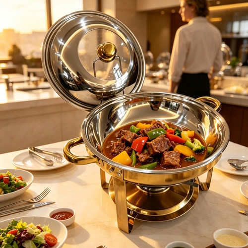 跨境Bain marie 6L不锈钢自助餐炉餐厅保温炉酒精加热圆形布菲炉