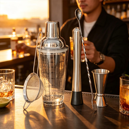 Cocktail shaker酒吧不锈钢鸡尾酒调酒器全套玻璃调酒工具雪克杯