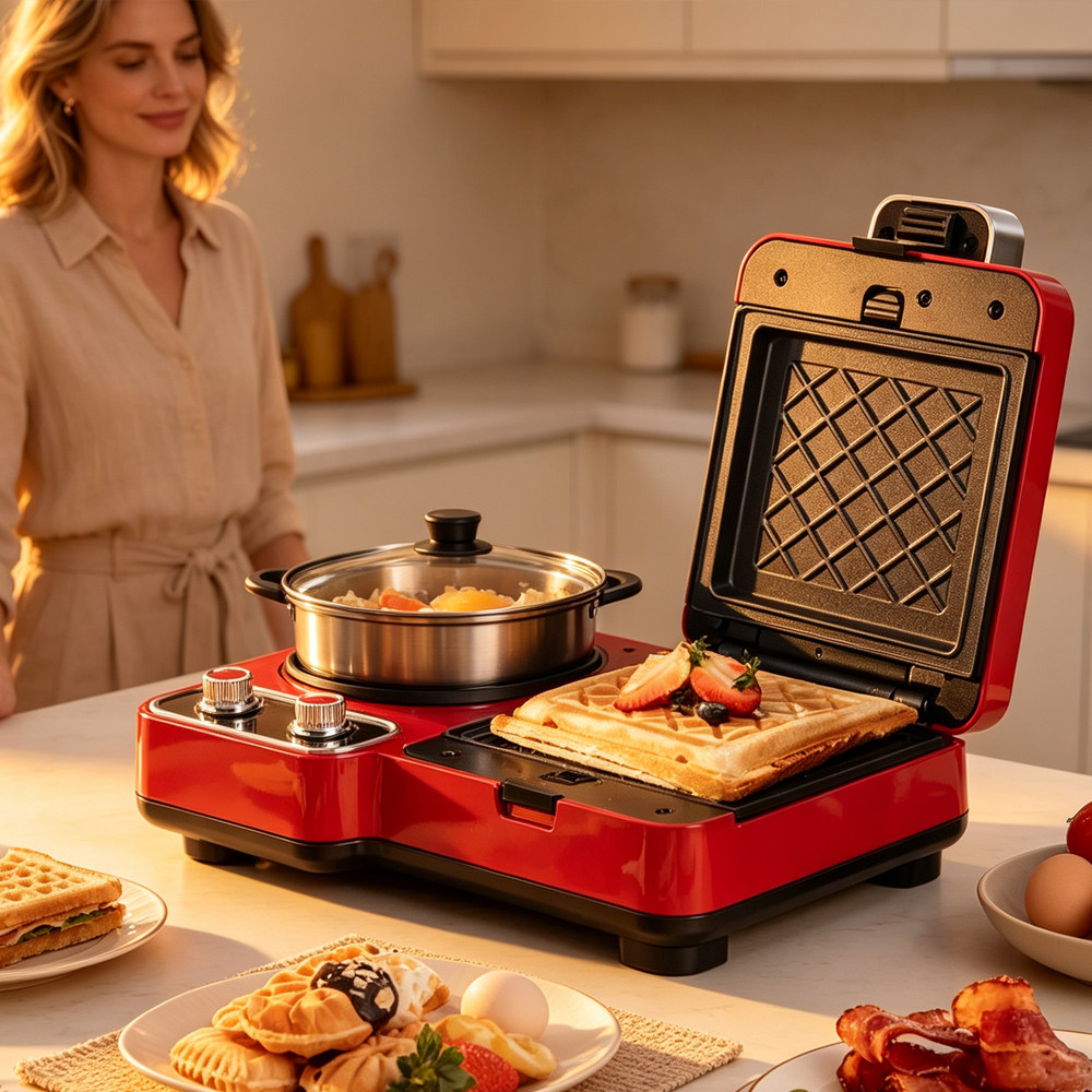 跨境waffle maker三明治早餐机家用小型吐司轻食机华夫饼一体机