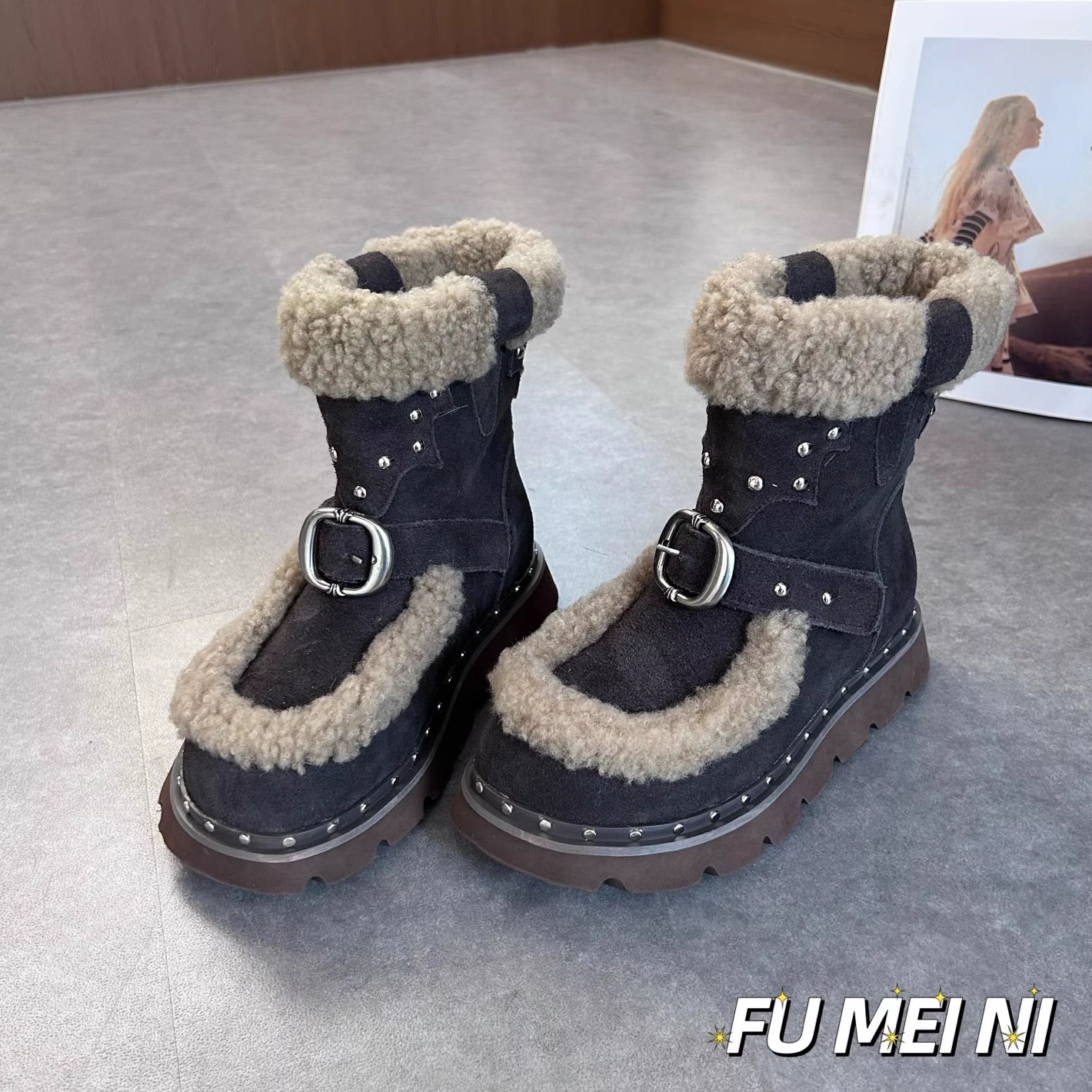 大土豆厚底加绒保暖马丁靴