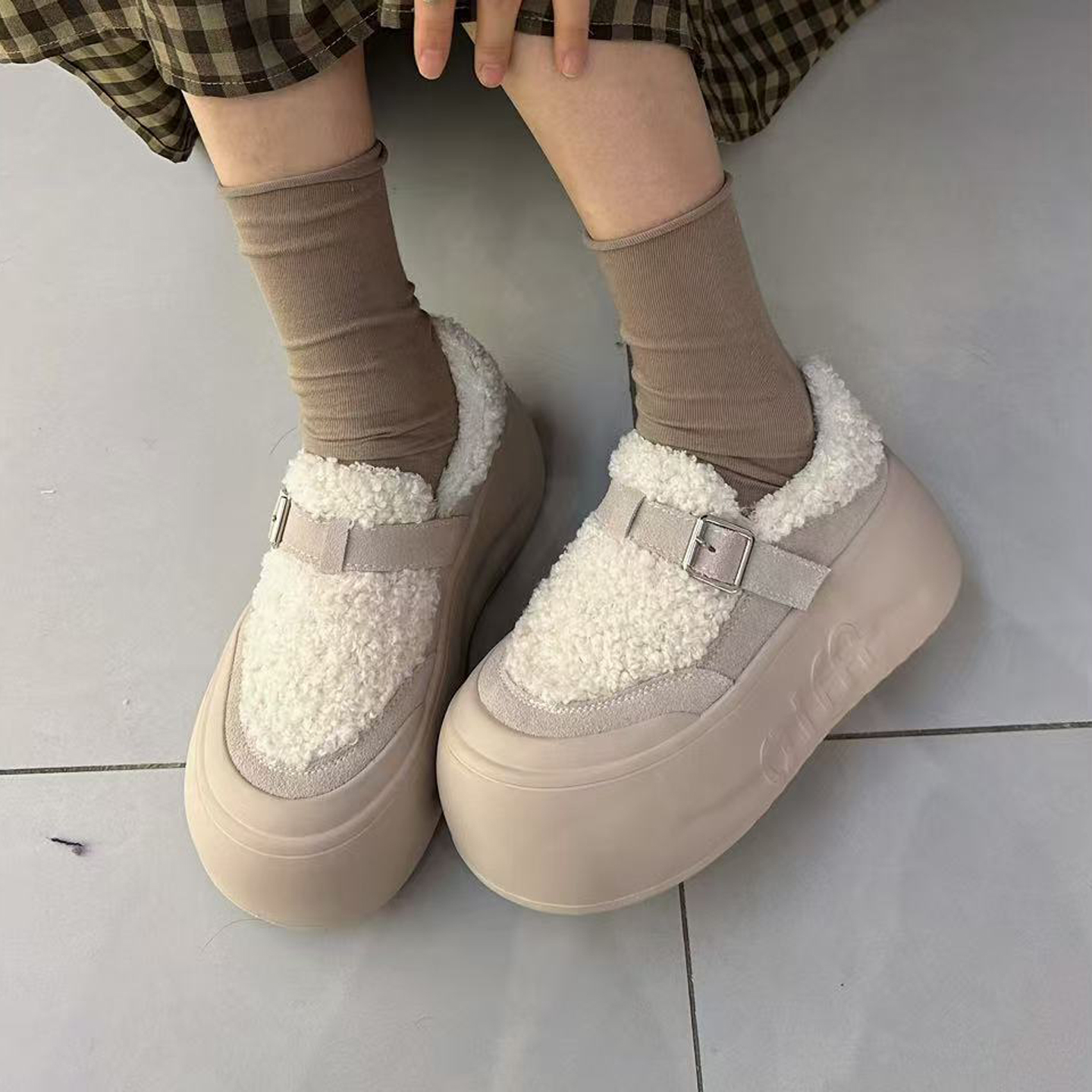 冬季新款毛毛鞋加绒保暖松糕厚底