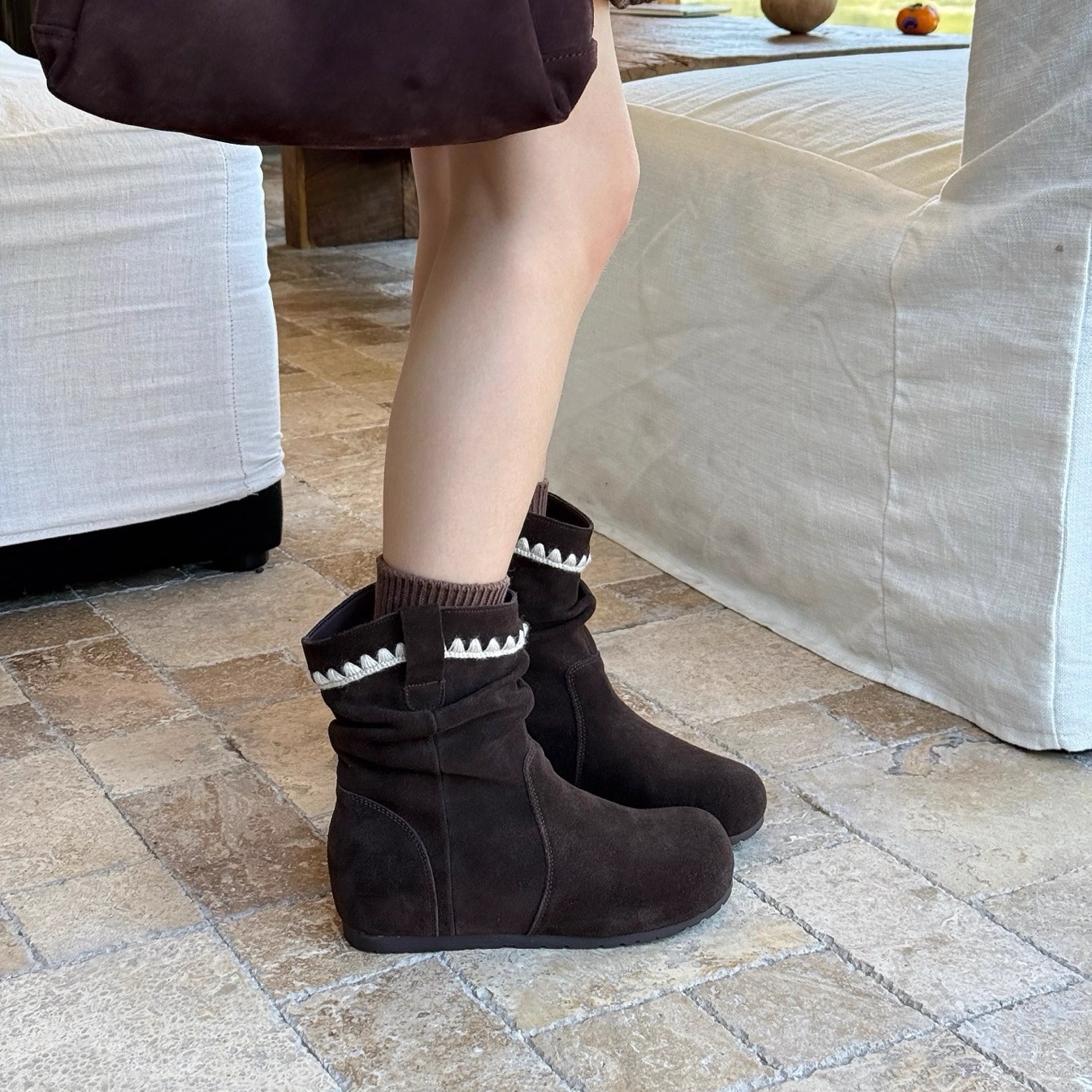 波西米亚民族风真皮厚底堆堆靴女