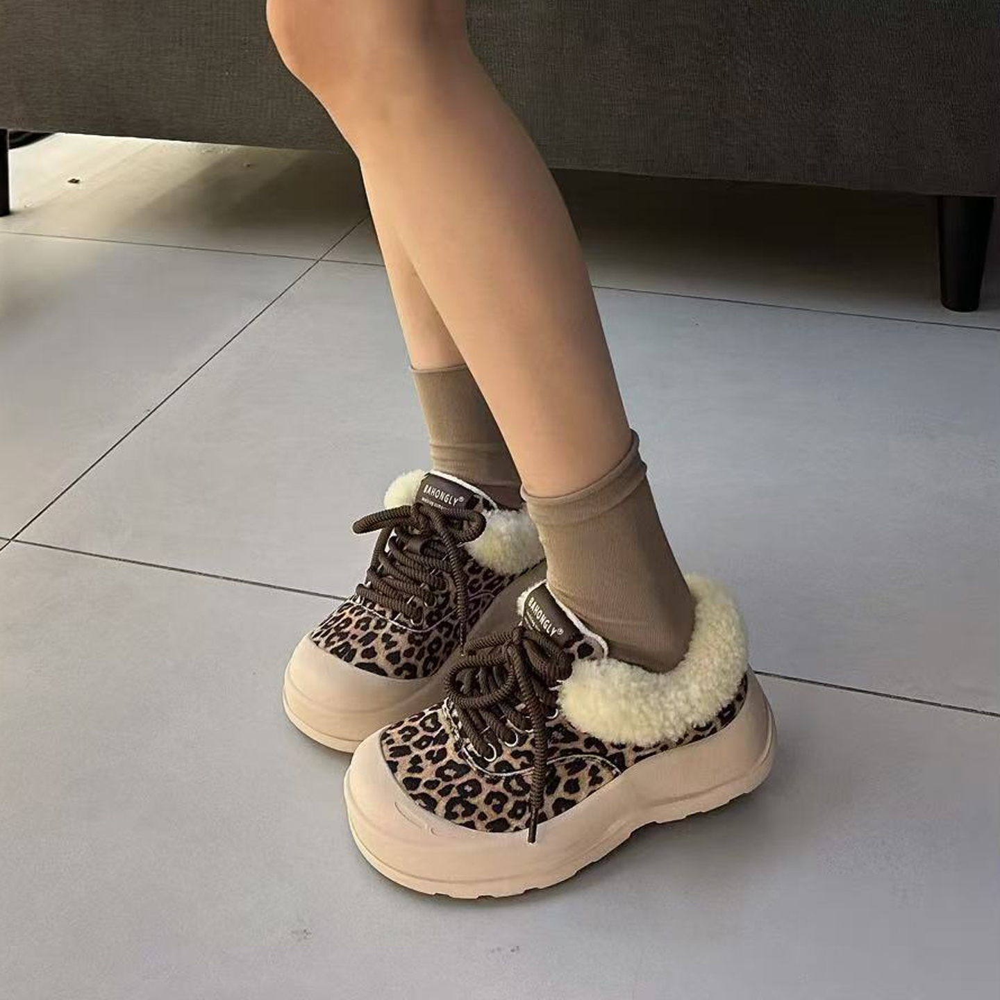 2025冬季新款豹纹加绒保暖棉鞋