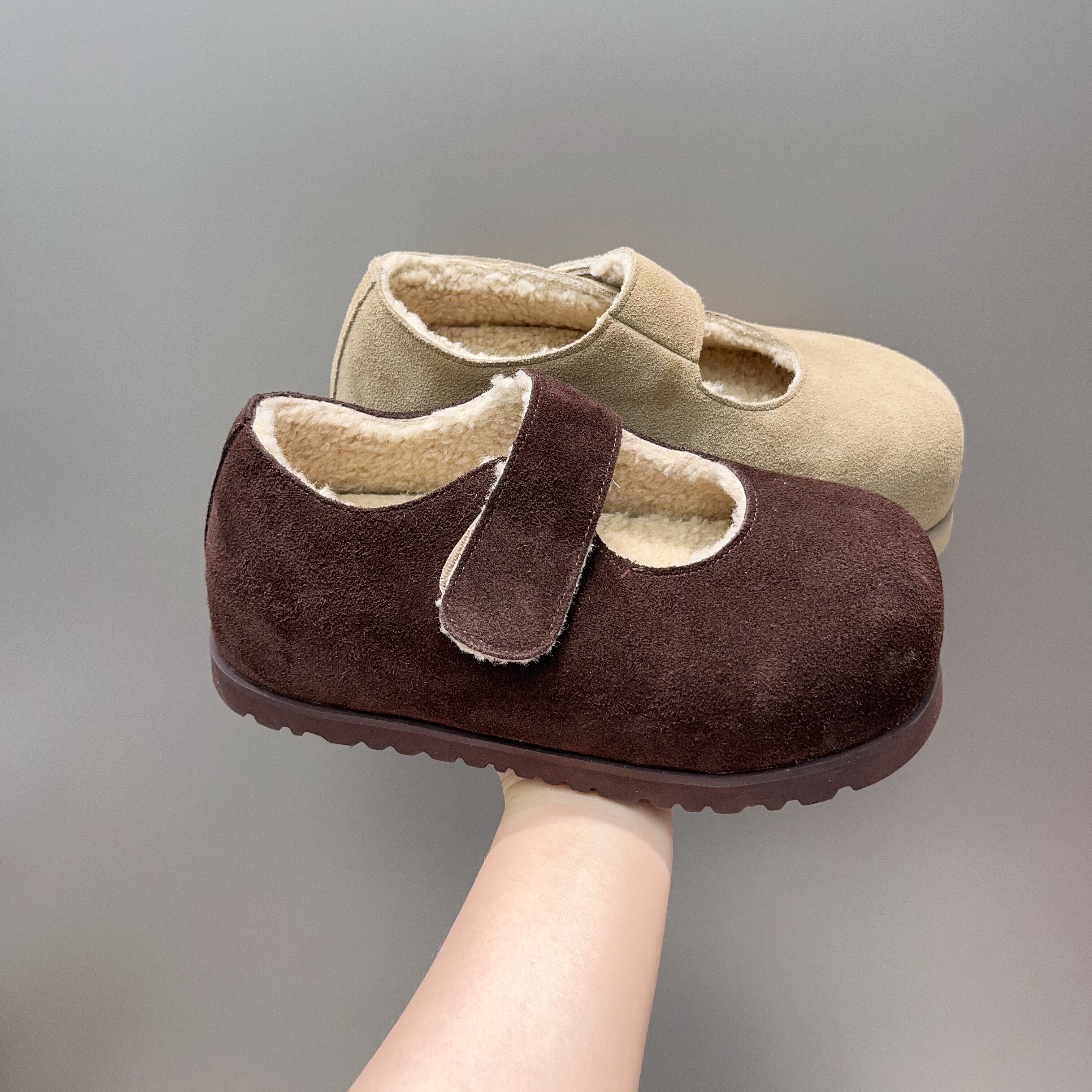 磨砂皮魔术贴加绒大头玛丽珍鞋