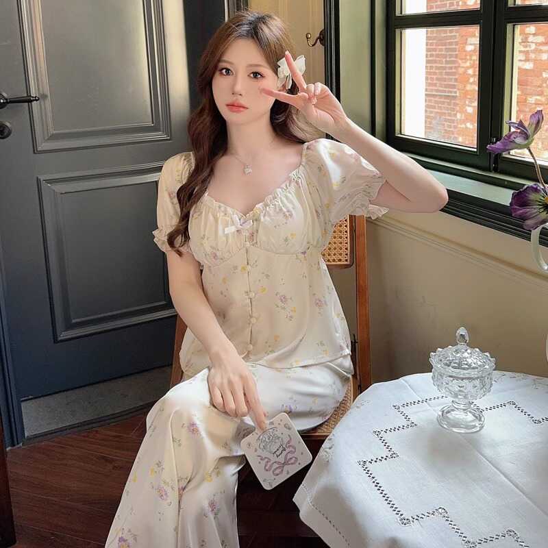 桑蚕丝短袖带胸垫甜美可爱睡衣女