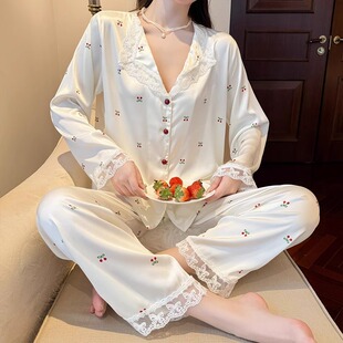 新品 蕾丝花边休闲家居服 真丝睡衣女2024春秋季 高级感小樱桃长袖