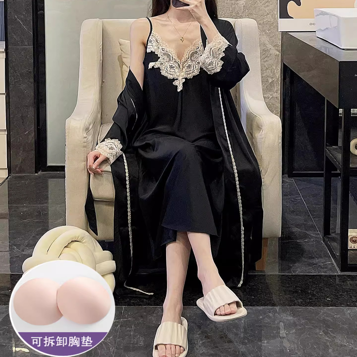 桑蚕丝法式长款性感吊带睡裙睡袍
