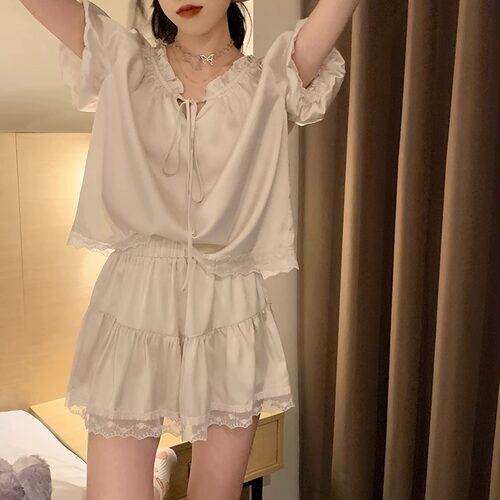 桑蚕丝短袖短裤睡衣女套装