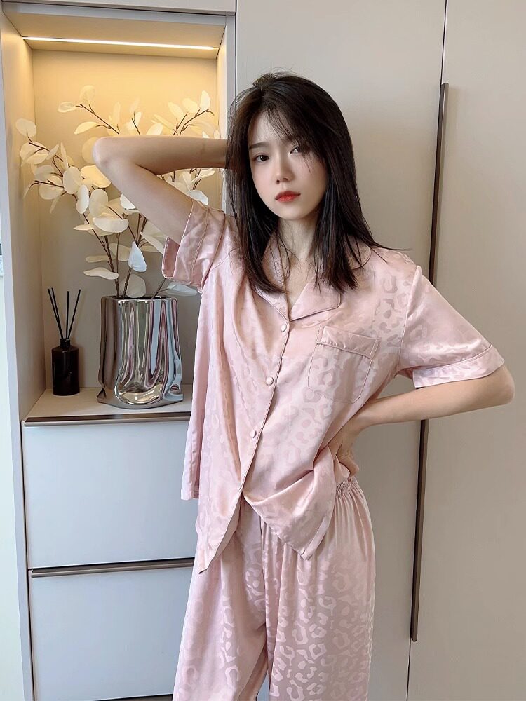 女士夏季豹纹真丝睡衣套装