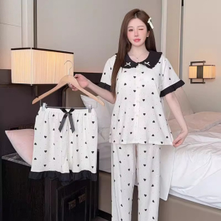2025新品 三件套甜美宽松家居服 云朵棉睡衣女夏季 桃心印花休闲短袖