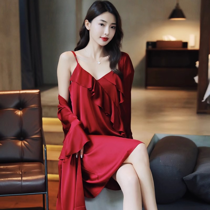 真丝春秋婚礼晨袍睡裙睡袍
