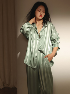 条纹高级感网红家居服套装 长袖 夏 黛安靓春秋真丝睡衣女薄款 新品