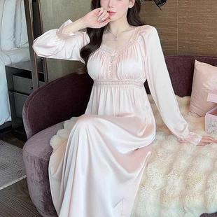 女神范真丝睡裙 法式 宫廷风桑蚕丝睡衣女春秋季 性感长袖 带胸垫长款
