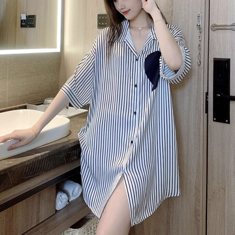 桑蚕丝短袖性感条纹爱心衬衫睡裙