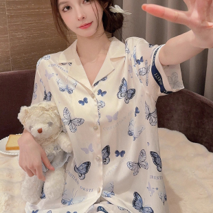 桑蚕丝短袖 高级感国风青花蝴蝶轻奢休闲显瘦家居服 睡衣女夏季 薄款
