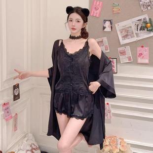 睡袍家居服带胸垫 桑蚕丝睡衣女春夏甜美高级纯欲风吊带蕾丝边短裤