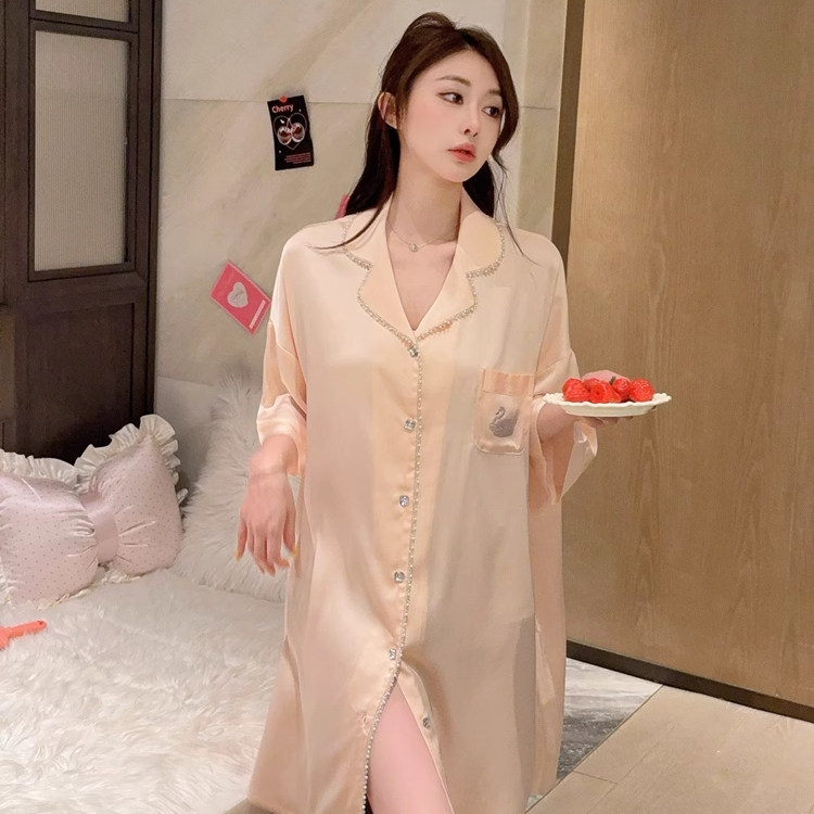 桑蚕丝高级烫钻纯色大码休闲睡裙