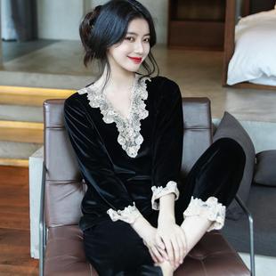 家居服套装 2024秋冬新款 薄款 睡衣女金丝绒V领蕾丝性感长袖 冬季