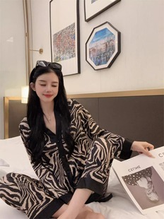 新品 黛安靓真丝睡衣女2024春秋季 斑马纹高级感休闲舒适家居服套装