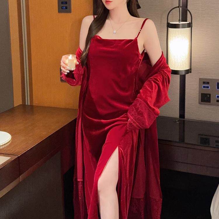 金丝绒新婚性感长款开衩睡裙睡袍