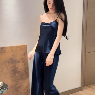 桑蚕丝睡衣女夏季 法式 吊带复古缎面亲肤显瘦长裤 女神范家居服套装