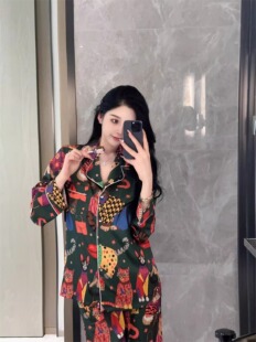新品 高级感猫咪印花休闲家居服 黛安靓桑蚕丝睡衣女2024春夏季 长袖