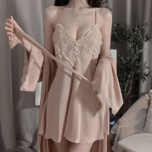 新款 黛安靓性感睡衣女春秋款 真丝刺绣纯欲风吊带裙露背睡袍套装
