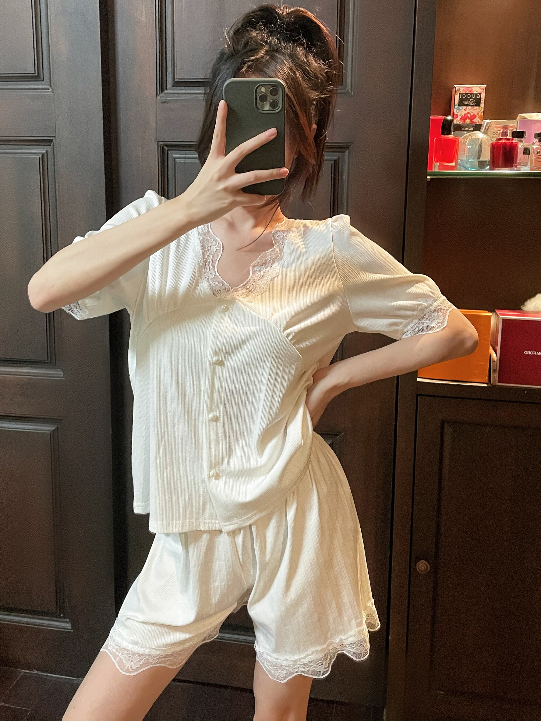 纯棉睡衣套装白色蕾丝