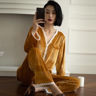 金丝绒睡衣女2023秋冬款 性感气质长袖 休闲宽松舒适保暖家居服春季