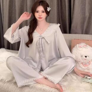 桑蚕丝睡衣女春秋新款 法式 宫廷蕾丝花边高级娃娃领休闲宽松家居服