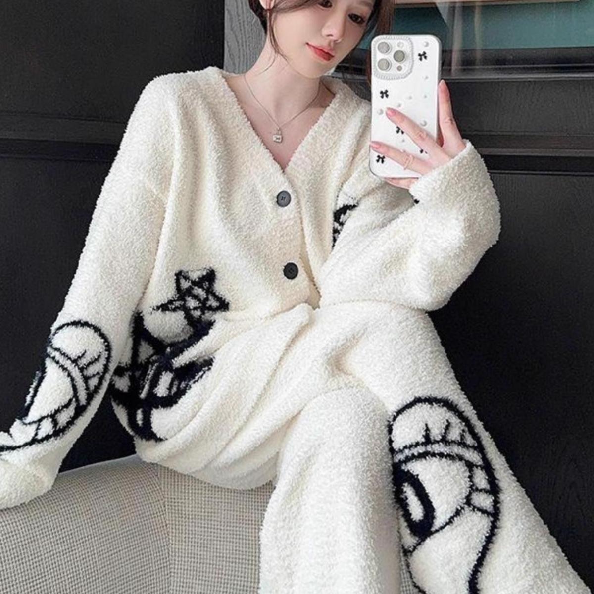半边绒网红星空涂鸦保暖家居服女