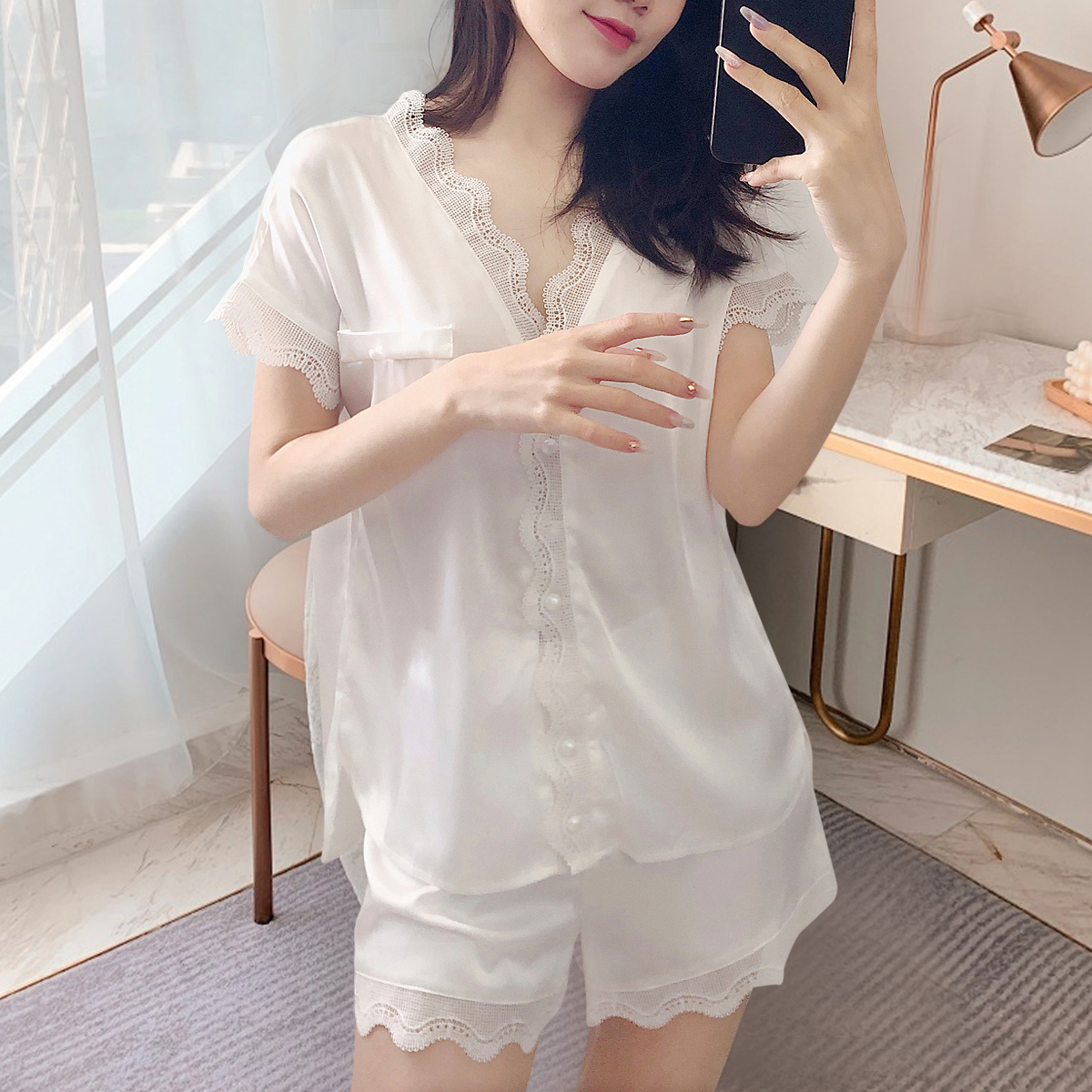2024新款白色性感蕾丝睡衣女夏季薄款真丝短袖短裤休闲家居服套装
