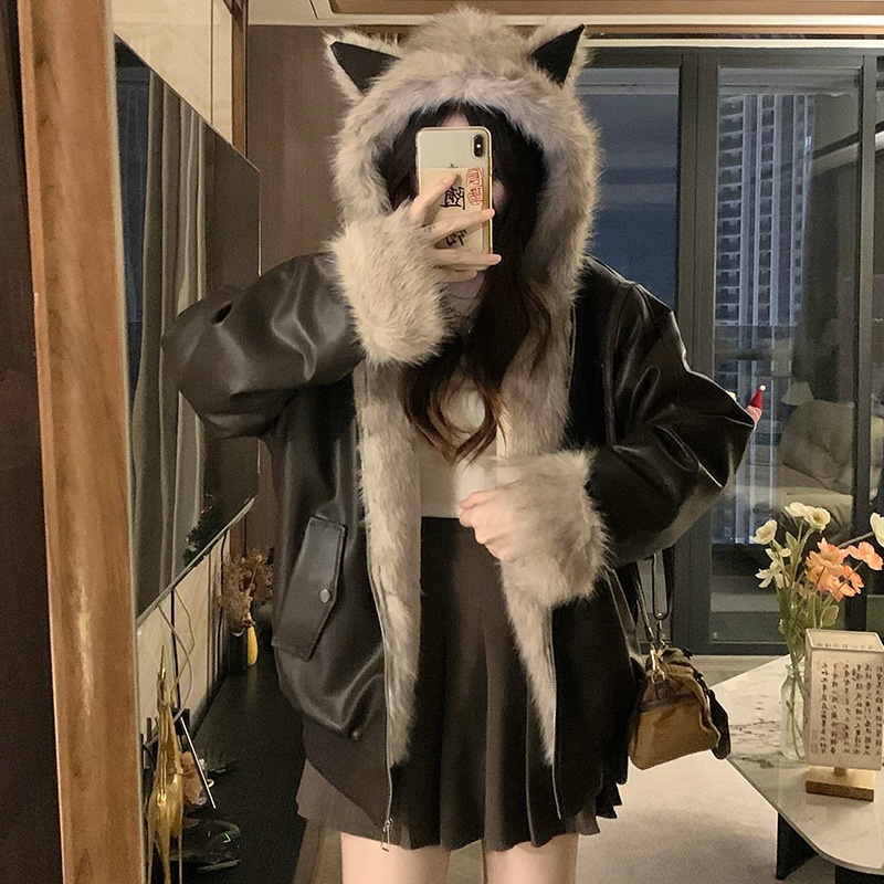 实拍黑色皮毛领座山雕猫耳朵连帽外套男女冬加绒加厚情侣棉衣棉服