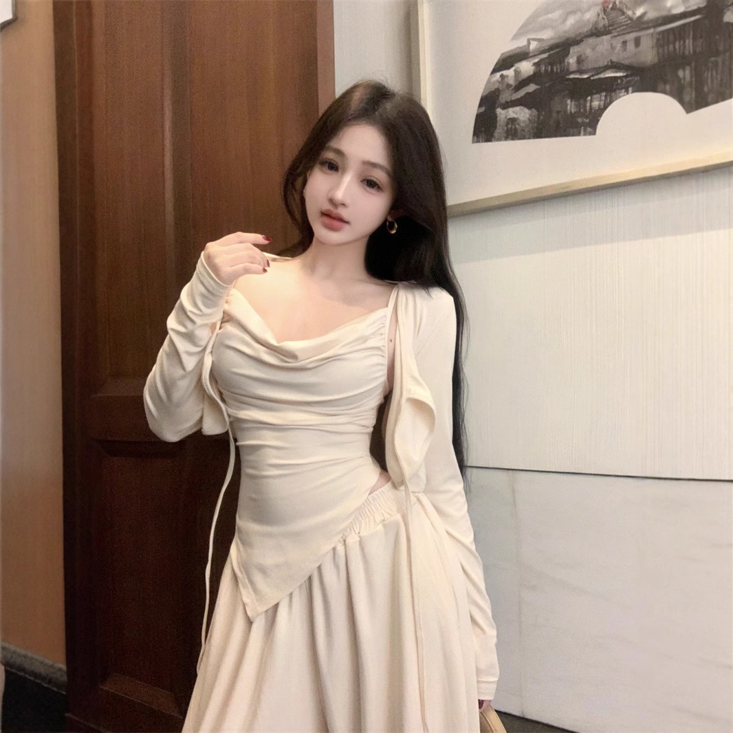 欧美跨境亚马逊慵懒风不规则吊带防晒开衫女秋季垂感阔腿裤三套装