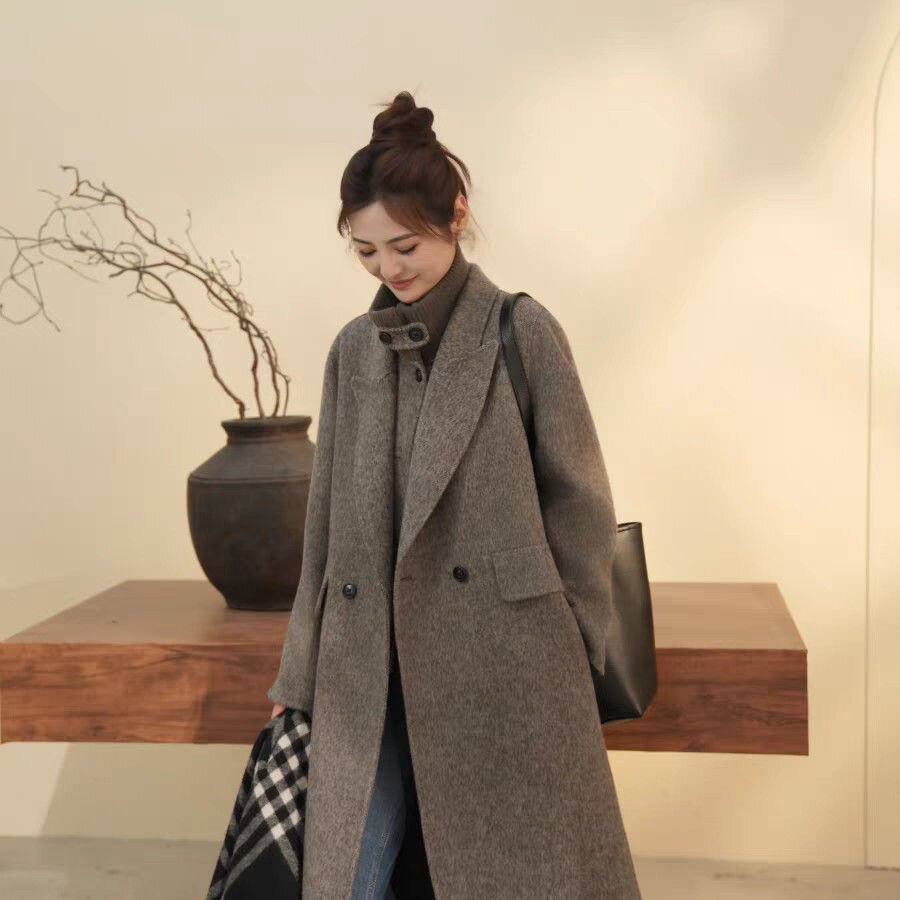 熊棕色韩版气质大衣网红百搭毛妮+马甲两件套宽松显瘦时尚双面尼