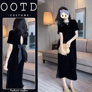 法式 赫本风轻奢钉珠宽松裙子 感气质休闲丝绒连衣裙女夏季 新款