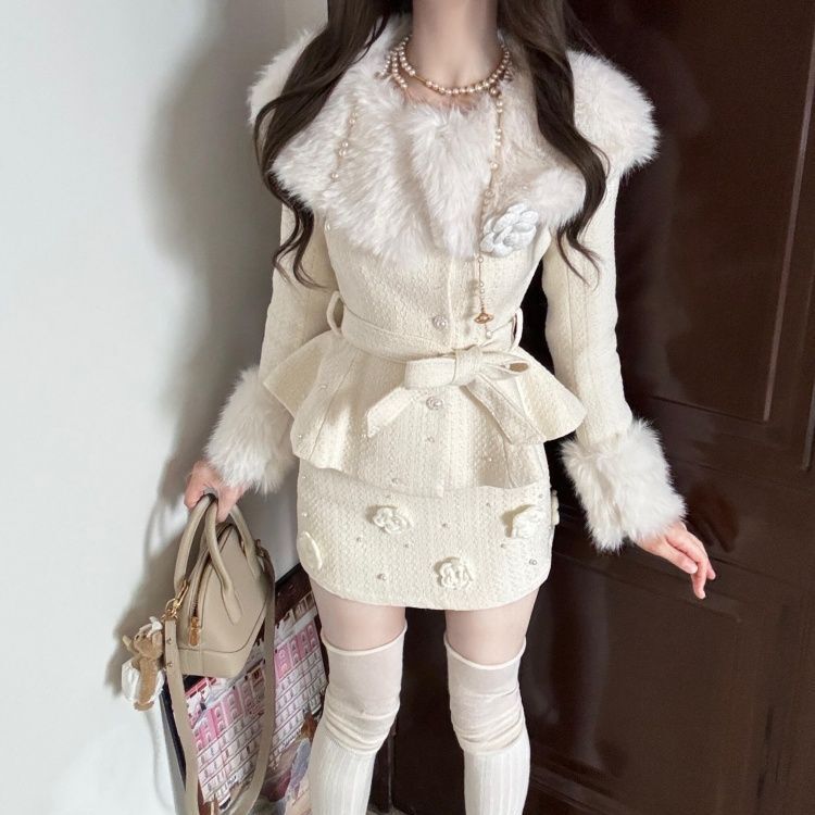 冬季氛围感小香风套装裙两件套毛毛收腰保暖外套精致钉珠半身裙女