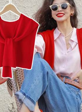 针织小披肩女过年大红色春秋冬季护颈外搭肩坎肩毛衣衬衫网红围巾