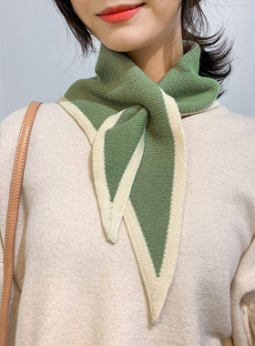 绿色小围巾女三角巾冬季保暖百搭韩版新款针织领巾秋冬护颈椎围脖
