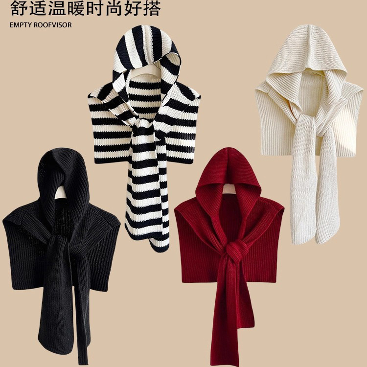 新款时尚复古条纹针织披肩女秋冬