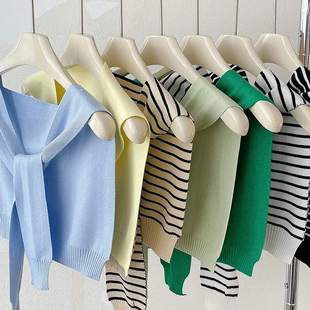 条纹针织坎肩学生搭肩袖 假领子打结绑带毛线外搭护颈小披肩春夏季