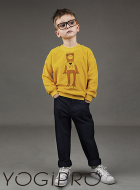 时尚儿童黄色卫衣 卡通青蛙图案套头中小童衣服 绒料设计宝宝服装