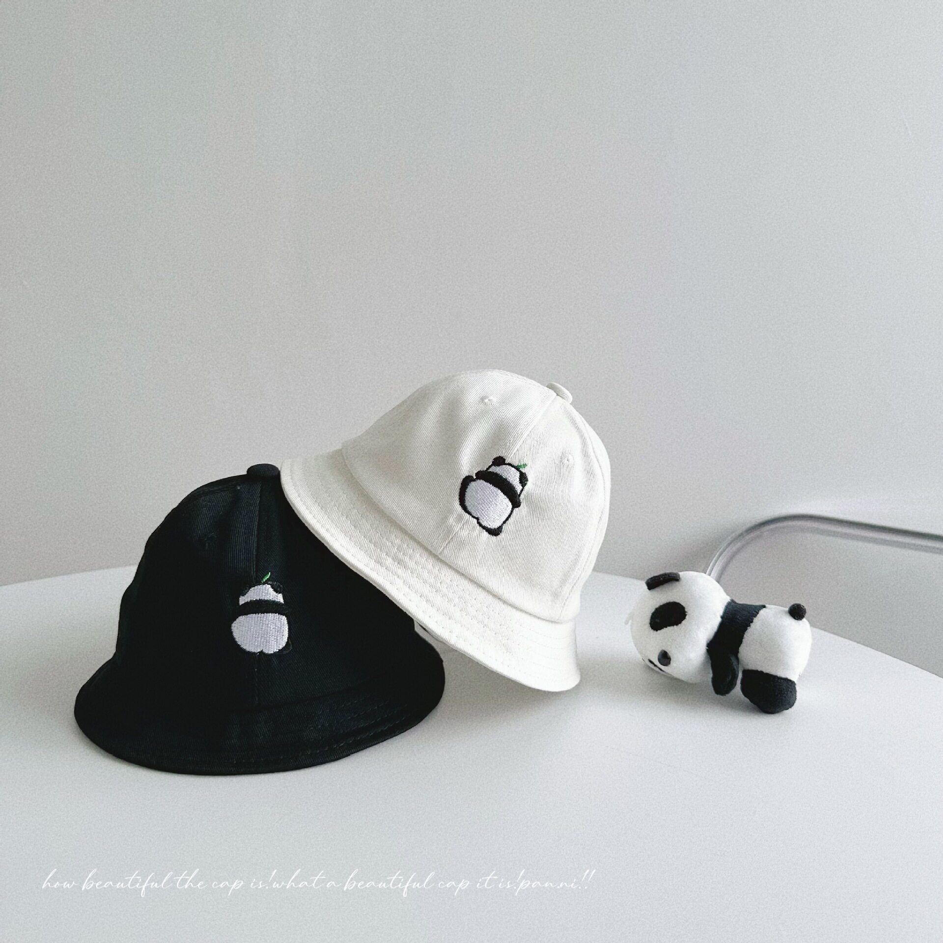 男女宝帽子原创刺绣小熊猫渔夫帽儿童卡通帽子春秋婴儿百搭防晒帽