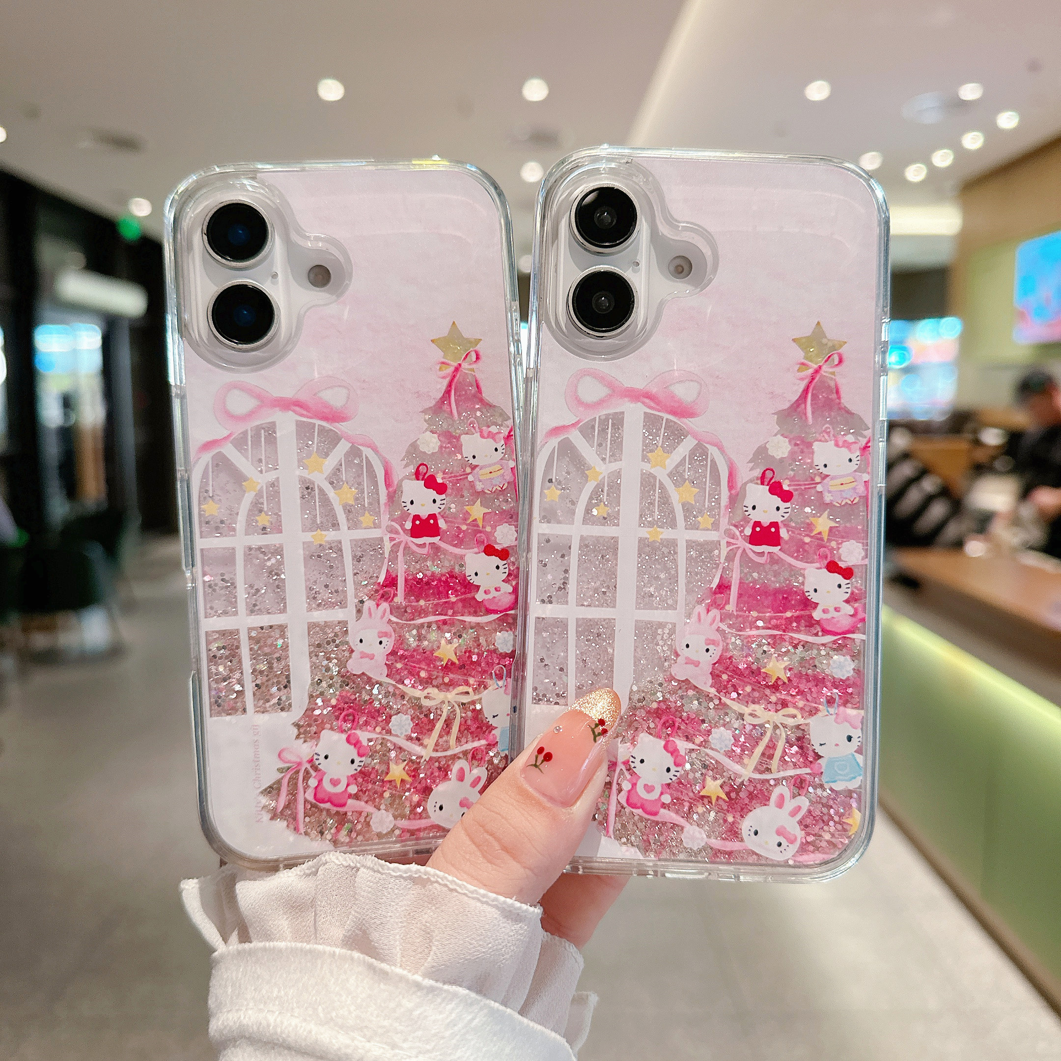 闪粉流沙卡通KT猫适用iPhone16手机壳女款苹果15ProMax圣诞树14小众13Pro全包边防摔保护壳