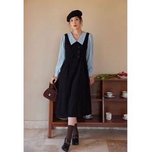 2025新大码女装撞色假两件复古感连衣裙女秋冬马甲式胖妹妹打底裙