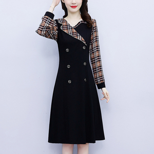 RM19853#胖mm大码2023早秋新款韩版修身西装领格子拼接显瘦洋气连衣裙